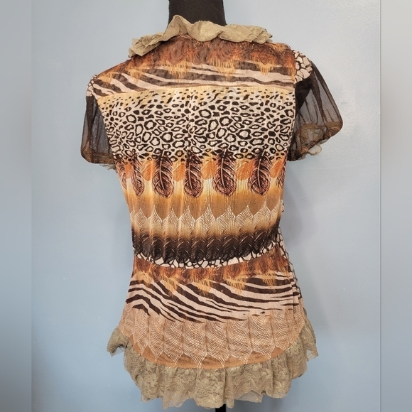 Lapis Lace Mesh Feather Print Coquette Fairy Top Large Brown - Picture 2 of 11